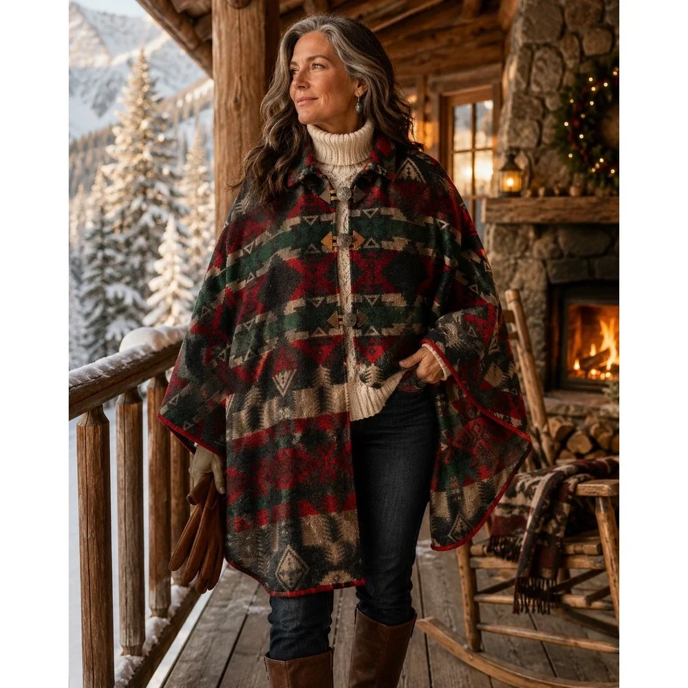 PL Greene American Made Southwestern Wool Blend Poncho Cape Red Green Tribal OS
